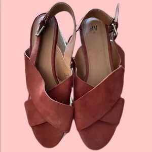 H&M Brown Suede Crisscross Platform Wedge Sandals Size 9.5